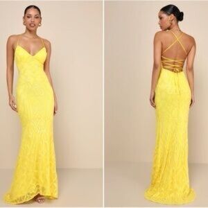 Lulu's Yellow Lace Backless Strappy Gown